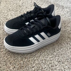 adidas Black Suede Platform Sneakers with White Stripes